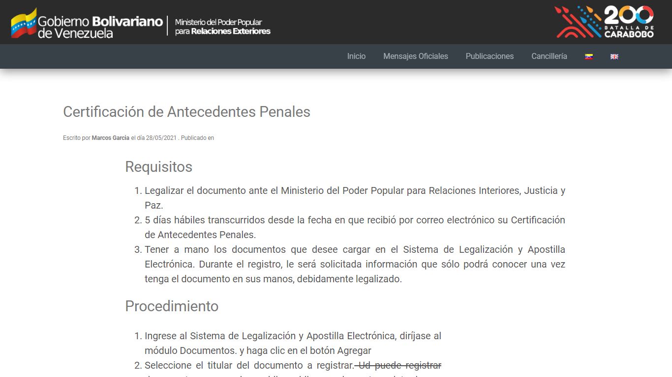 Certificación de Antecedentes Penales - MPPRE